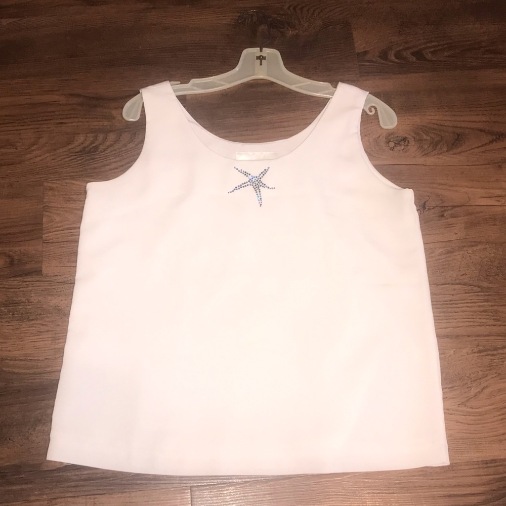Vintage medium White Sleeveless Top with Blue Starfish Embellishment